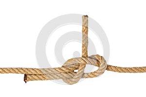 Rope isolated. Macro of figure node or knot from two brown ropes isolated on a white background. Navy and angler knot
