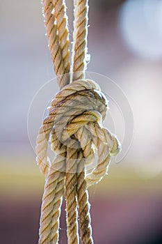 rope knot with frayed hanging in air