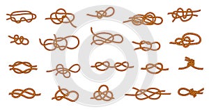 Rope knot. Marine and nautical ties and threads for boating and sailing, different types of tying knots graphic