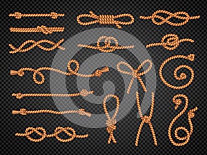 Rope with knot. Realistic marine rope curved shapes different pieces recent vector template set