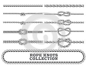 Rope knots collection. Overhand, Figure of eight and square knot. Seamless decorative elements.