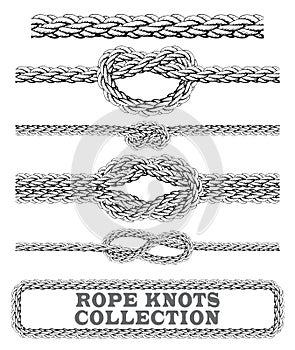 Rope knots collection. Overhand, Figure of eight and square knot. Seamless decorative elements.