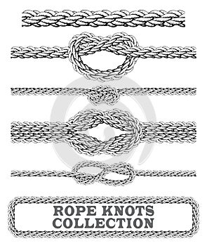 Rope knots collection. Overhand, Figure of eight and square knot. Seamless decorative elements. photo