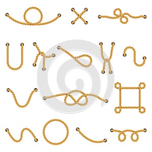 Rope knots. Marine navy cordage knots, decorative rope frame, divider and nautical knot vector isolated illustration