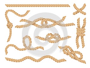 Rope knots set, jute or hemp twisted cords vector Illustration