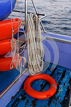 Rope, lifebuoy on sea boat