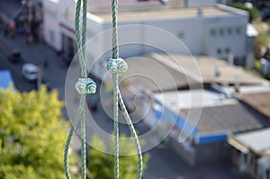 Rope lockers in of suspended wire rope platform for facade works on high multistorey buildings. Rope lockers blocks kink for