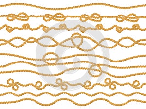 Rope loops. Navy knot decorative borders, yacht round nautical cordage twisted knot, sea boat cord divider isolated