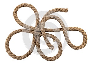 Rope made of jute in loops and knots on a white background. Linen twisted rope isolate