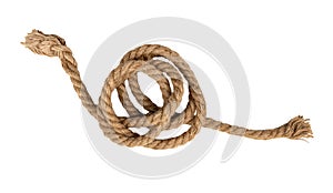 Rope made of jute in loops and knots on a white background. Linen twisted rope isolate. Scourge thread