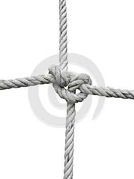 Rope noose with hangman`s knot hanging in front of white background