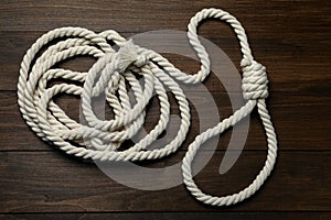 Rope noose on wooden table, top view