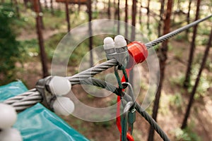 Rope park. System for attaching cables to trees close-up.