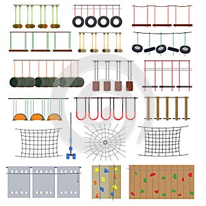 Rope park vector climbing adventure park equipment for activity extreme sport illustration set of roped playground game