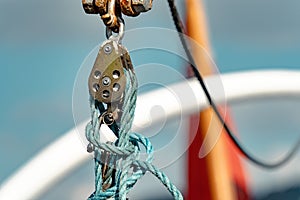 Rope and pulley rigging on a ship