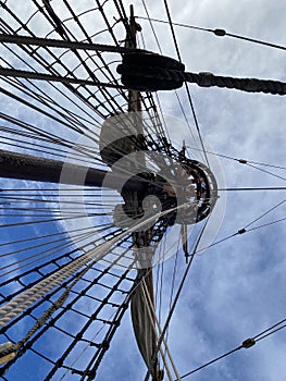 Rope Rigging On An Old Wooden Sailing Ship