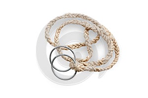 Rope with rings at the ends for fasteners, insulated on a white background