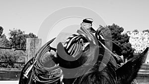 Rope saddle and reins of the wranglers horse in black and white.