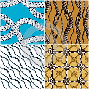 Rope seamless patterns set, trendy vector wallpaper backgrounds collection. Endless navy illustrations with fishing net ornament