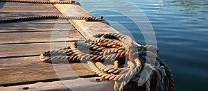 A rope is secured to a wooden dock by the waters edge