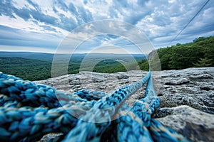 A rope is seen on top of a rugged mountain, serving as a safety measure for climbers, A dramatic view from the top of a rock