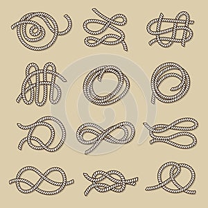 Rope shape. Abstract twisted cable or textile knots parts nautical symbols marine ropes recent vector illustration set