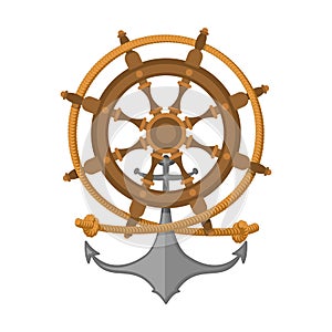 Rope, steering wheel and anchor. Sea emblem. Vector illustration
