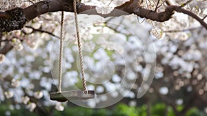Rope swing hanging on a branch of a large cherry blossom tree