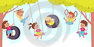 Rope swing. Happy cute children hang on swings, outdoor kids games, little boys and girls altitude flying back and forth