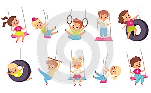 Rope swings kids. Cartoon boys and girls flying on seesaw. Types set of children carousels. Babies play on playground