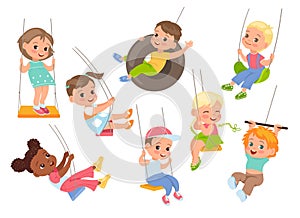 Rope swings kids. Cute little boys and girls flying various types swings, childish outdoor plays, happy preschoolers