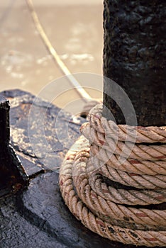 Rope ties on a dock. Detail close up.