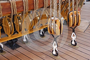 Rope wires and pulleys of a ship