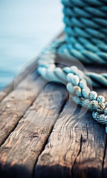 Rope on wooden dock with water in background, AI