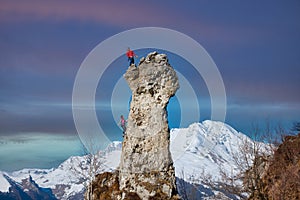 Roped by two male and female climbers on the wall