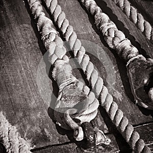 Ropes braided in bays on an ancient sailing vessel