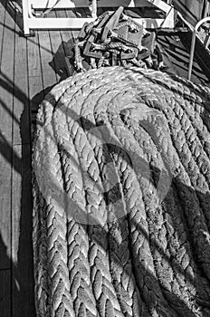 Ropes braided in bays on an ancient sailing vessel