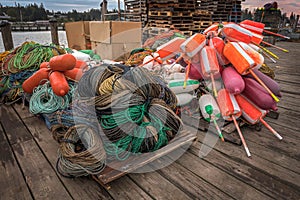Ropes and Buoys Stacked Up on Maine Lobstering Dock