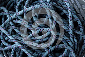 Ropes for climbing activities in vertical terrain, blue karmantel rope