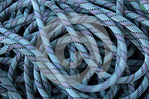 Ropes for climbing activities in vertical terrain, blue karmantel rope