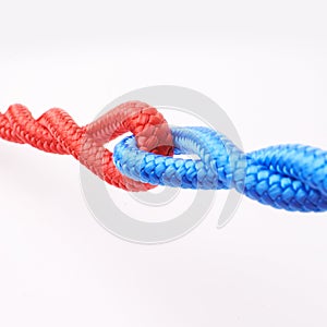 Ropes, connected and tied together in studio for fastening, towing and securing heavy equipment in construction. Cordage