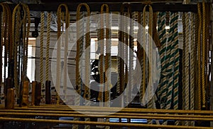 Ropes hanging in the Victorian Ropery Historic Chatham Naval Dockyard , Kent UK 