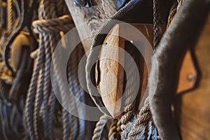 Ropes, pulleys on board the dutch indie sailed VOC ship