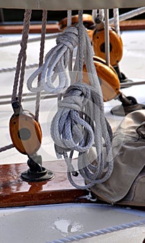 Ropes and Pulleys on a Wooden Sailboat