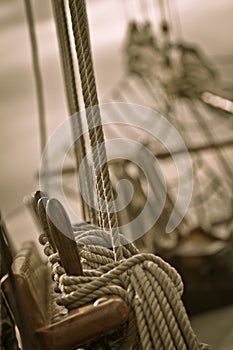 Ropes and rigging on old ship photo