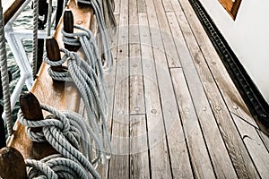 Ropes on a sailboat to tighten the sails of the ship during a cruise for tourists