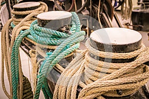 Ropes on the side of old sailing ship