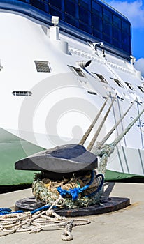 Ropes Tied From Bollard to Luxury Cruise Ship