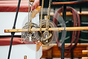 Ropes on a wooden boat deck