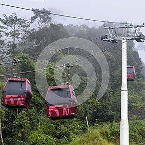 In a ropeway cable car going up from kualampur to genting highlands, Sky view and chin swee caves temple on skyway cable car, ge